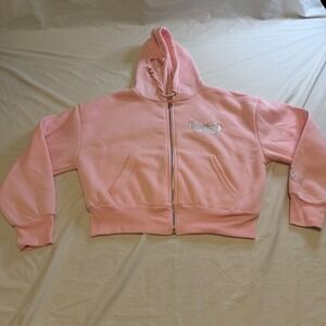Fourteen Twelve Pink Faith Over Fear Bow Graphic Zip Up Cropped Hoodie Medium